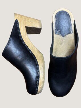 Sven Swedish Clogs in Black Leather with Wooden Heel Size 38 Plain Jane